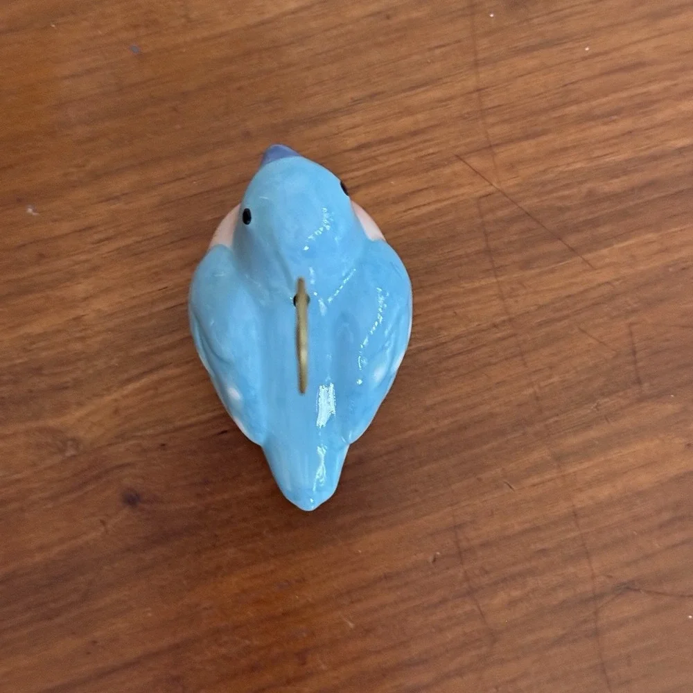 Ceramic Bluebird Figurine Photo Memo Place Card Holder Gold Wire Clip Blue Pink